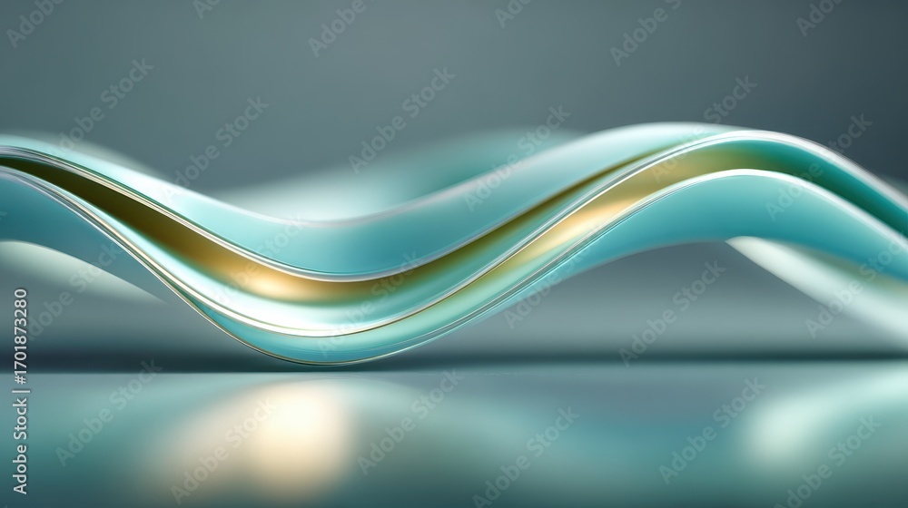 Obraz premium Abstract 3D rendering of a flowing teal wave with gold accents on a neutral background.