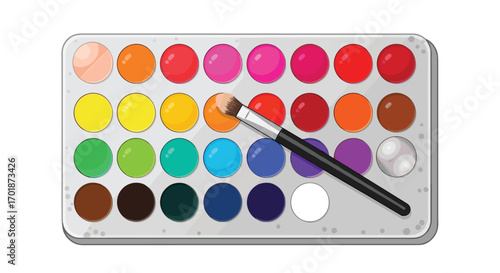 Vibrant watercolor palette with brush perfect for creative projects art education design and illustrating colorful concepts, Generative AI.