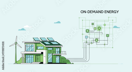 Innovative eco-friendly home powered by wind turbine and solar panels connected to sustainable on-demand energy network for green living, Generative AI.