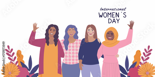 Diverse group of women celebrating international womens day with flowers and festive decorations