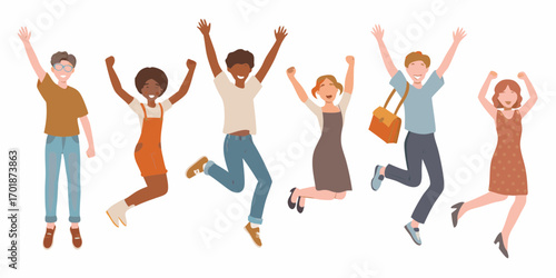Diverse group of young people jumping and celebrating with joy and excitement