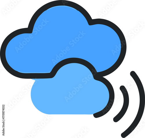 Abstract illustration depicting the concept of edge computing with two interconnected cloud icons and wireless signal waves, symbolizing data processing at the network edge for faster response times 
