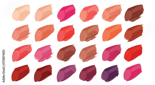 Explore a vibrant palette of lipstick swatches from delicate nudes to bold rich reds and purples perfect for beauty and makeup trends, Generative AI.