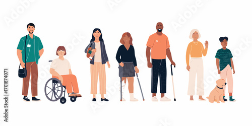 Diverse group of people with disabilities and a service dog standing together in solidarity