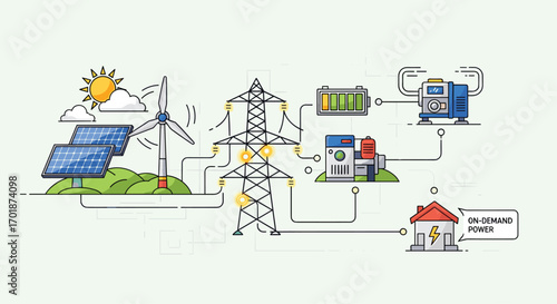 Discover clean energy solutions with solar panels wind turbines and battery storage for sustainable power generation and energy independence, Generative AI.