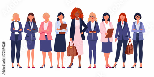 Diverse group of professional women standing together in business attire holding briefcases and folders