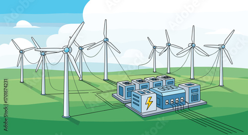 Illustrative wind farm generating clean electricity for the future with a beautiful green field and blue sky background showcasing sustainability, Generative AI.