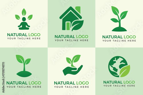 Six Green Natural Logo Designs with Diverse Nature and Human Icons plant leaf