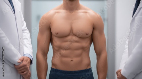 Wallpaper Mural A well-defined man stands between two medical professionals, showcasing his muscular physique in a clinical setting. Torontodigital.ca