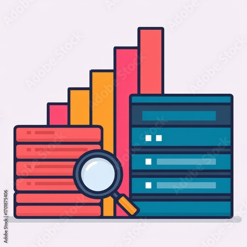 Wallpaper Mural A colorful graphic depicting data analysis with bars, stacks, and a magnifying glass, representing growth and research in a modern style. Torontodigital.ca
