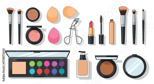 Discover professional makeup essentials and beauty tools for a flawless look featuring vibrant palettes and brushes for creative artistry, Generative AI.