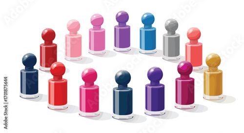 Vibrant nail polish bottles arranged in a colorful circle perfect for beauty blogs and cosmetic promotions showcasing modern trendy manicure shades, Generative AI.