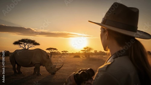 Wallpaper Mural Sunset Encounter: A woman stands in awe of a majestic rhinoceros during a breathtaking African sunset, capturing a moment of shared serenity between human and nature. Torontodigital.ca