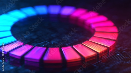Wallpaper Mural A vibrant circular graphic with alternating blue and pink sections, set against a dark, high-tech background, suggesting innovation and modern technology. Torontodigital.ca