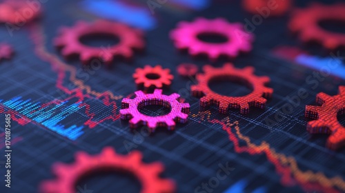 Wallpaper Mural A vibrant close-up of interlocking gears against a digital graph background, symbolizing technology and engineering dynamics. Torontodigital.ca