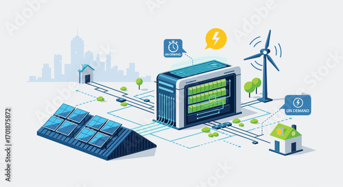 Harness sustainable energy solutions for a brighter future with innovative on-demand power from solar panels wind turbines and battery storage, Generative AI.
