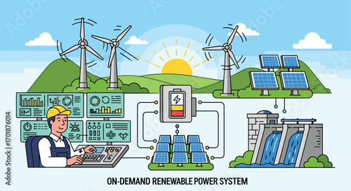 Engineer managing vibrant renewable energy with solar panels wind turbines and hydropower for a sustainable future with modern technology, Generative AI.