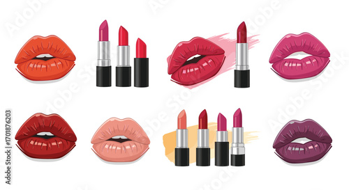 Vibrant lipstick collection for makeup artists showcasing diverse lip colors and shades for beauty bloggers and cosmetics brands looking to inspire, Generative AI.