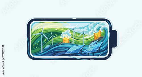 Discover sustainable energy sources with modern wind turbines and solar panels in a vibrant landscape for environmental awareness and innovation, Generative AI.
