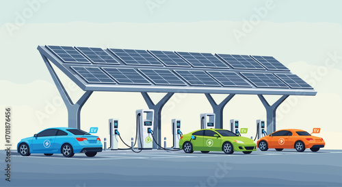 Charge up your future with vibrant electric vehicles at modern solar charging station - sustainable transportation solutions with clean energy power, Generative AI.