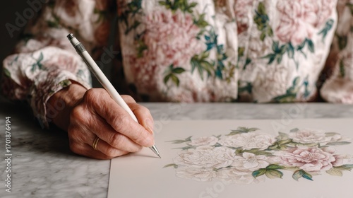 Wallpaper Mural A hand elegantly sketches floral designs on paper, showcasing artistry and creativity against a textured marble surface. Torontodigital.ca