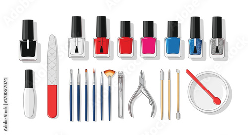 Modern nail polish collection with vibrant colors and manicure tools for beauty bloggers and salon promotions with creative nail art designs, Generative AI.