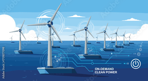 Discover clean energy solutions with wind turbines at sea offering on-demand power for a sustainable future and eco-friendly innovation today, Generative AI.