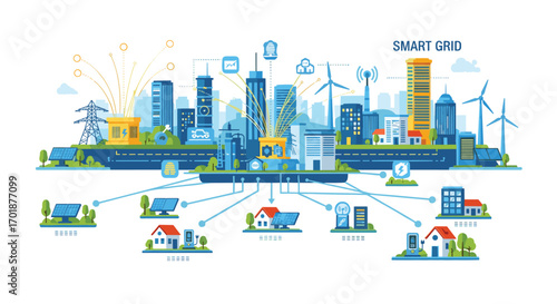 Modern smart grid system powering city buildings and homes with renewable energy sources like solar panels and wind turbines for sustainable future, Generative AI.