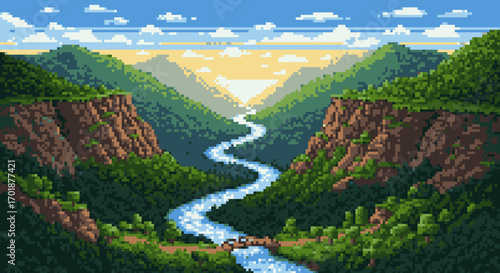 Pixelated Mountain River Valley Landscape
