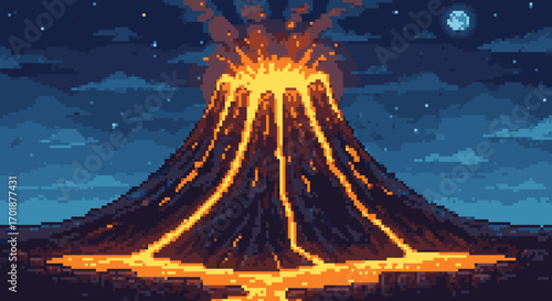 Pixelated Volcanic Eruption Under Starry Sky