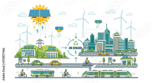 Sustainable smart city vision with clean energy solutions and eco-friendly transport for a greener future renewable energy powering urban mobility, Generative AI.