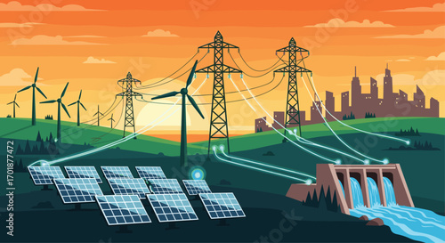Harnessing clean energy solutions with solar panels wind turbines and hydroelectric power for a sustainable future in a modern city, Generative AI.