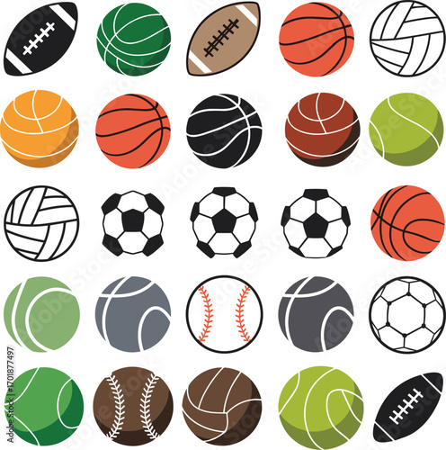 Collection of assorted sports balls in various colors and styles american football soccer ball