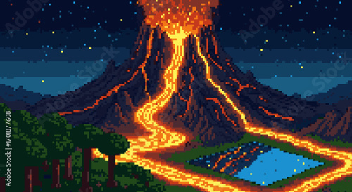 Pixelated Volcanic Eruption Under Starry Skies