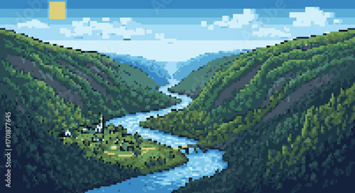 Pixelated Valley Landscape: Scenic Mountain View