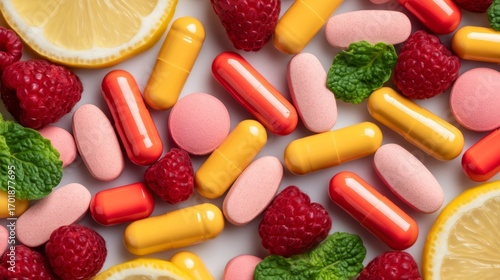 Wallpaper Mural A colorful arrangement of capsules and tablets alongside fresh raspberries and lemon slices, highlighting a theme of health and wellness. Torontodigital.ca