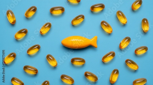 Wallpaper Mural A collection of fish-shaped vitamins surrounded by gel capsules on a blue background, suggesting health and wellness. Torontodigital.ca