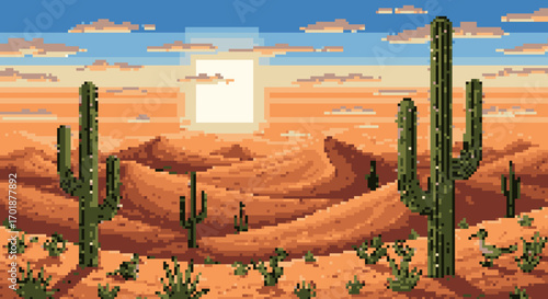 Pixelated Southwestern Desert Sunset Landscape