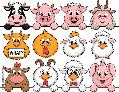 Cute cartoon farm animals peeking over a white banner goat chicken