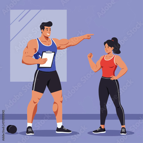Flat fitness trainer illustration: a muscular trainer with clipboard, pointing, motivating a client, dynamic pose, energetic colors.
