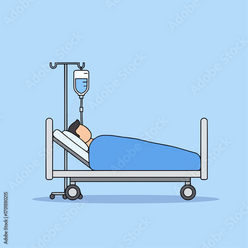 Hospital bed with a patient resting, IV stand next to it, simple and empathetic flat vector illustration, clean and clinical light blue color scheme.