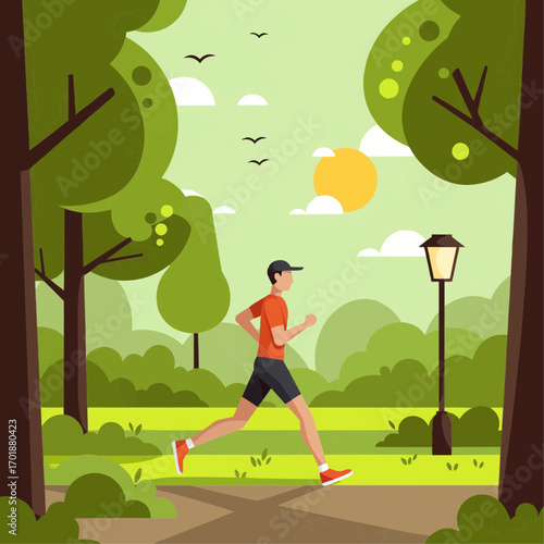 Jogger running in a park vector, with trees and path, morning sun, flat illustration, active lifestyle, green and yellow color palette.