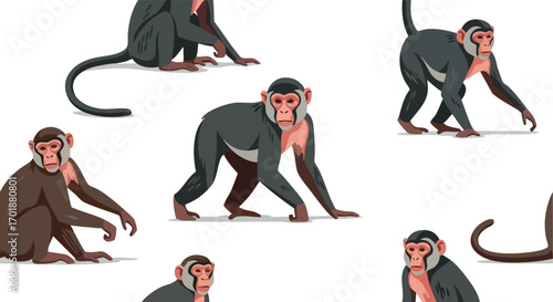 Cartoon Monkeys Seamless Pattern on White Background
