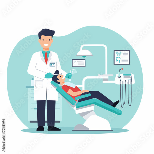 Dentist and dental care vector: a friendly dentist with a patient in chair, flat design, clean and bright environment, calming teal colors.