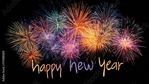 Fondo abstracto de fin de año negro con fuegos artificiales y la inscriipcion Happy new year.Concepto fiestas navideñas, fin de año, cotillon y año nuevo