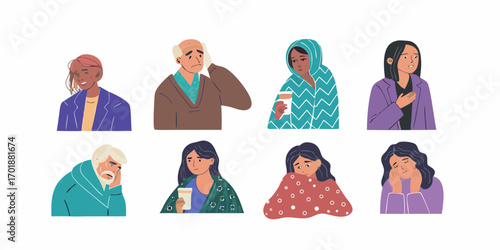 Collection of diverse people experiencing various emotions and physical discomforts like sadness and illness