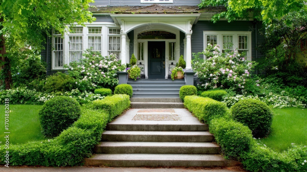 Obraz premium Beautifully Landscaped Victorian Home with Greenery and Flowering Plants in Front Yard