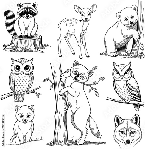 Woodland animals illustration set with raccoon deer owl bear fox fawn bear cub