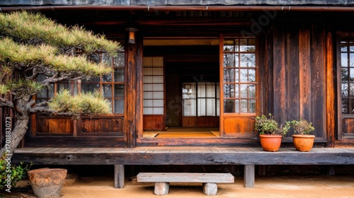 Traditional Japanese Garden with Rustic Wooden Structure and Potted Plants in Natural Light