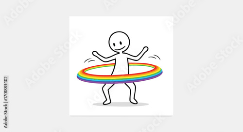 Cheerful Stick Figure Playing with a Colorful Hula Hoop Fitness Concept